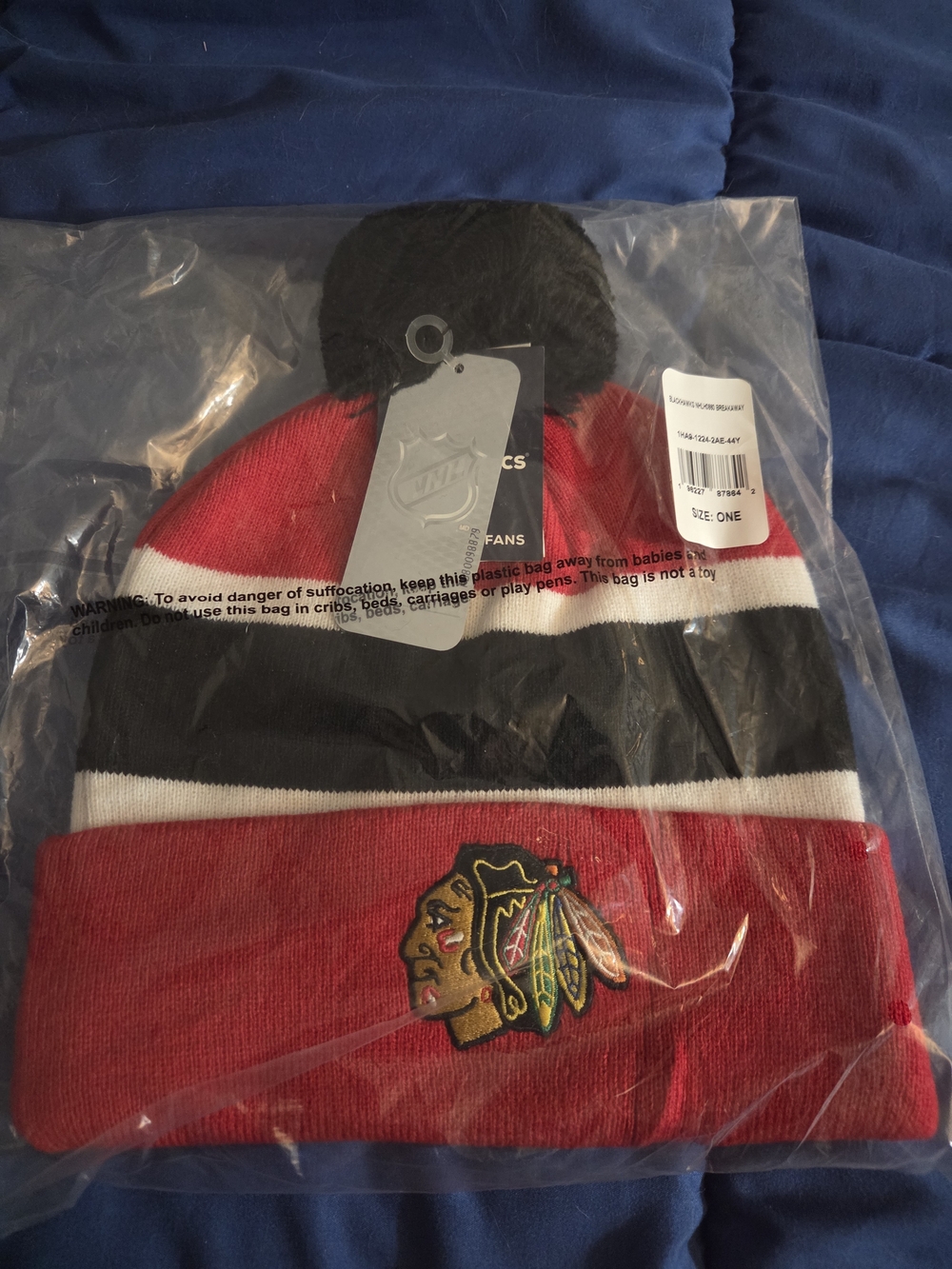 NHL Red Black White Knit Pom Beanie with Team Patch